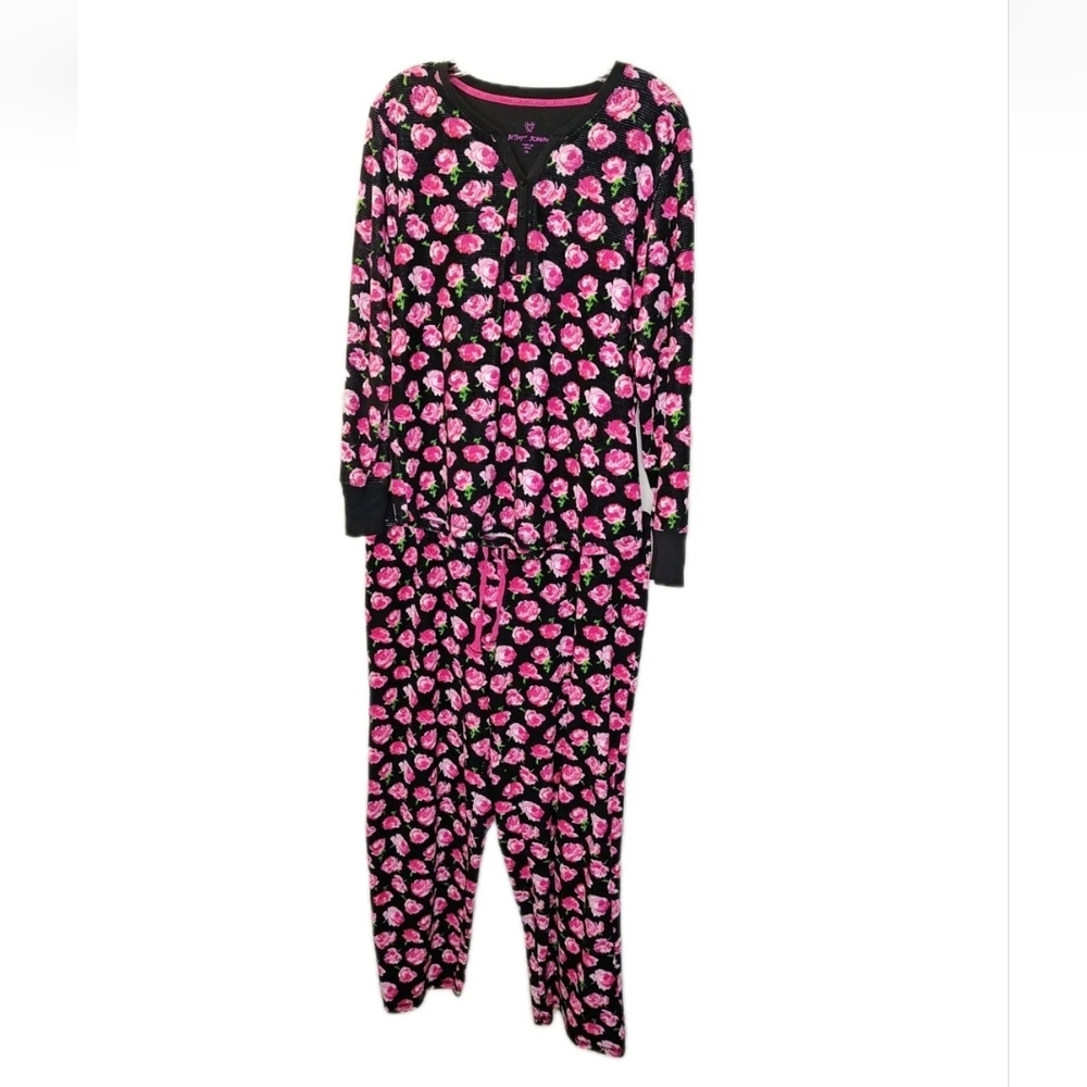 Betsey Johnson Perfect Pajamas XL Black Pink Floral Thermal Top Drawstring Pants